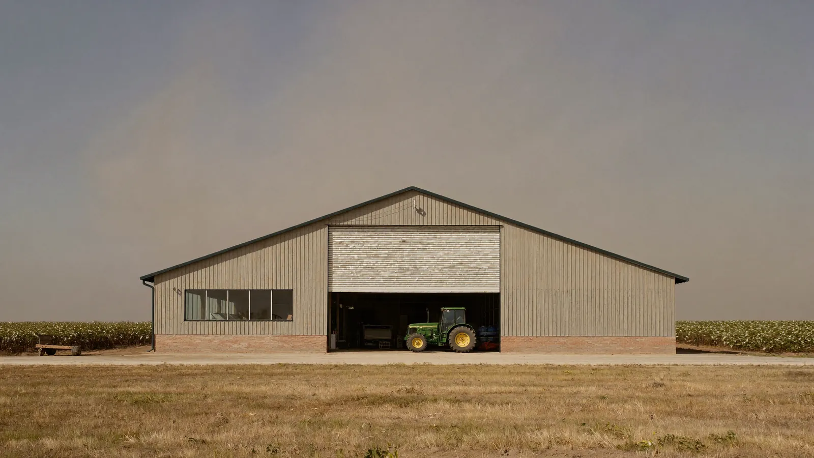 Large overhead door on a metal farm shop building on the Texas South Plains, a tractor inside and a flat cotton field stretching to the horizon behind