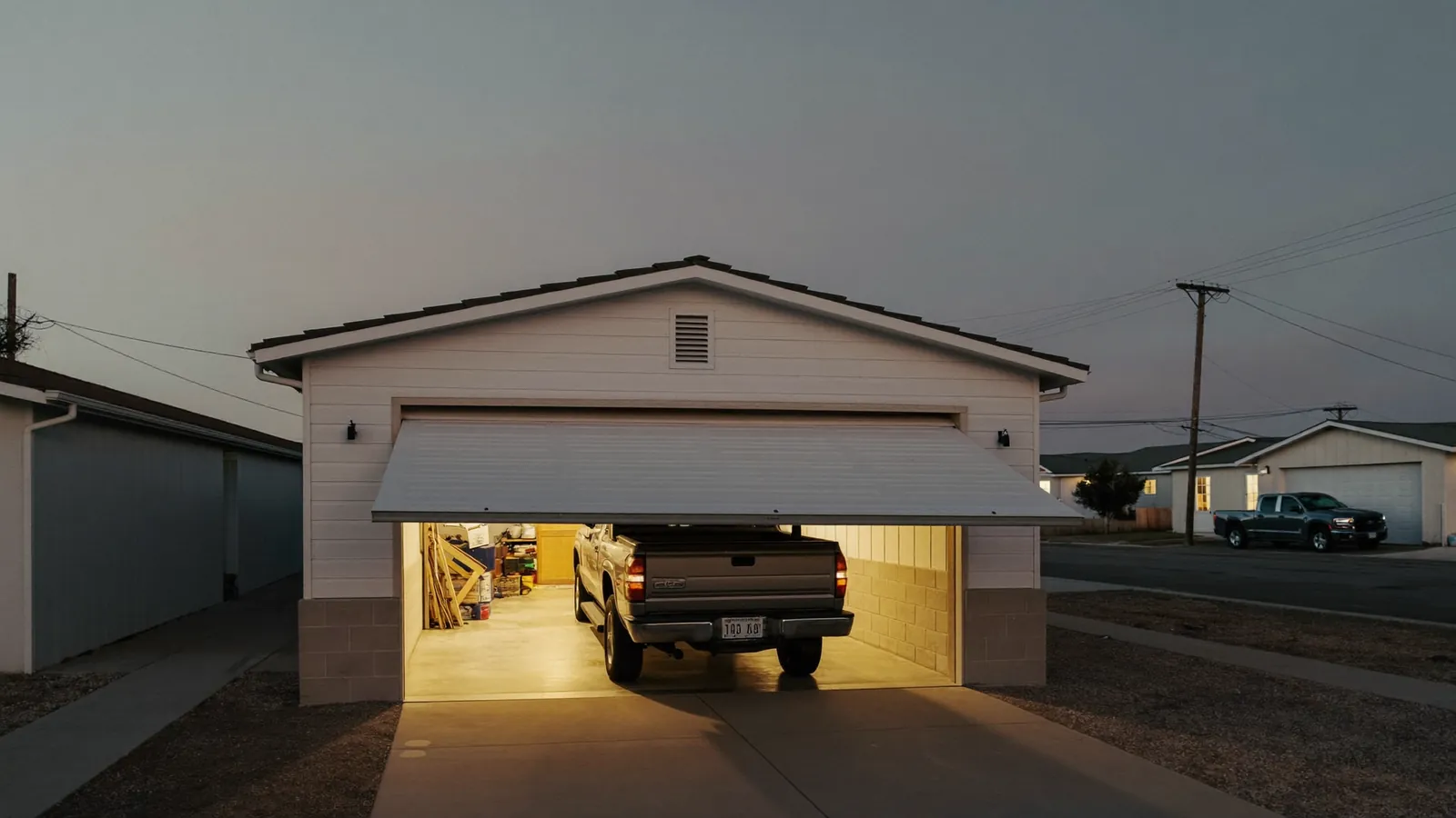 Residential garage door stuck a third of the way open at dusk on a Lubbock driveway, a technician's work light on inside the garage and a pickup parked outside