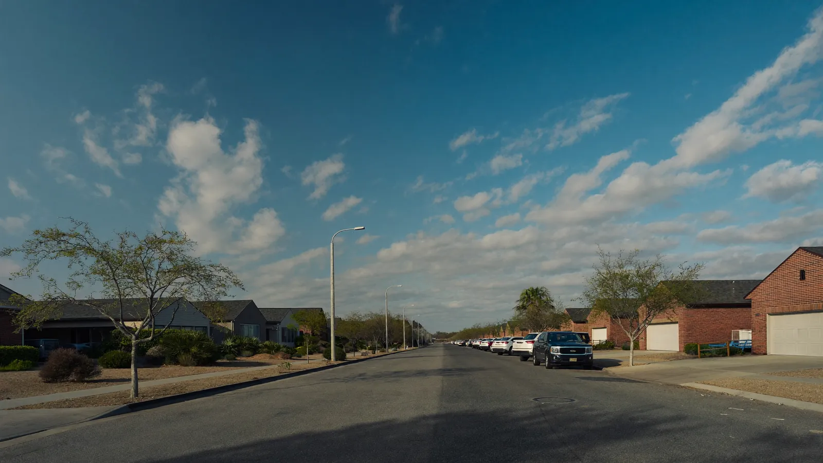 Wide, straight residential street in Lubbock, Texas lined with one-story brick ranch homes and two-car garage doors, mesquite and elm trees, enormous blue sky