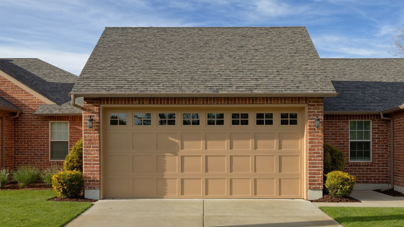 Newly installed sand-colored insulated steel double garage door with a row of small windows on a brick ranch home in Lubbock, Texas, afternoon sun